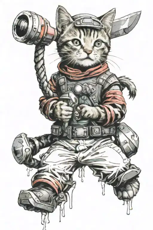 astronout cat playin with Thor s hammer Mjolnir tattoo design idea