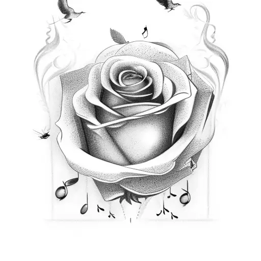 rose wine in glass with birds and musical notes along with perfume tattoo design idea