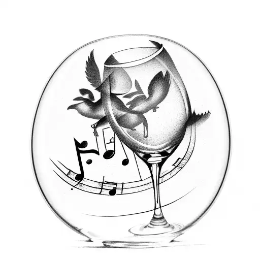 wine in glass with birds and musical notes along with perfume tattoo design idea