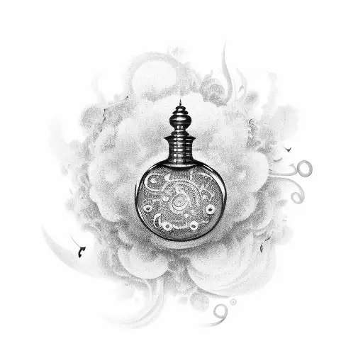 A delicate perfume bottle with musical notes floating out of it tattoo design idea