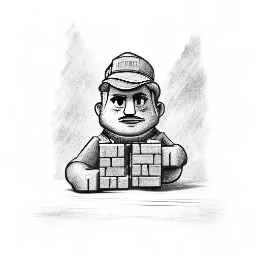 A construction worker holding a brick with a secret mafia insignia, showcasing the dual occupation tattoo design idea