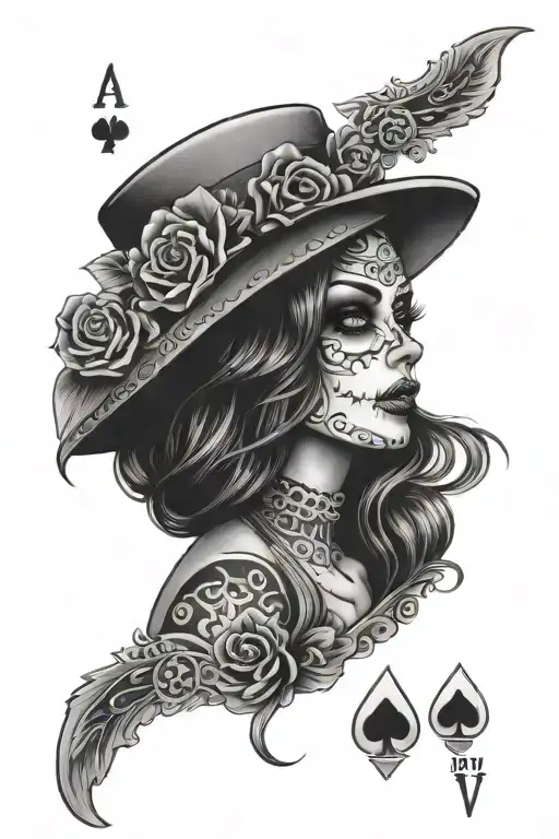 catrina with poker cards tattoo design idea