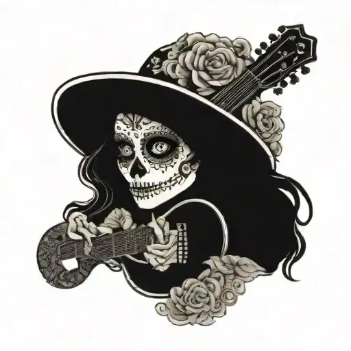 A Catrina playing a violão with intricate blackwork details tattoo design idea