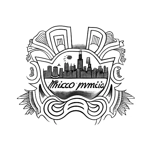 A blackwork tattoo of the Chicago skyline and the Mexican flag intertwined, with the words 'Familia' written below, representing the client's love for family and his dual heritage. tattoo design idea