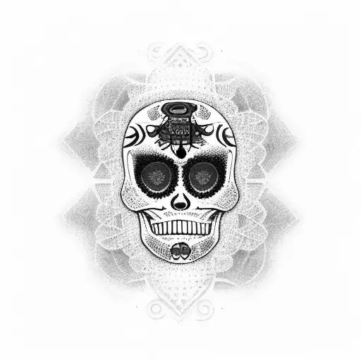 A dotwork tattoo of a Chicago Bulls basketball player holding a Mexican sugar skull, blending the client's passion for basketball and Mexican culture in a unique way. tattoo design idea
