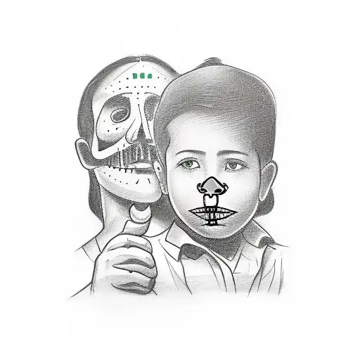 A sketch-style tattoo of a father and child holding hands, with the Chicago skyline and a Mexican sugar skull in the background, symbolizing the client's role as a father and his connection to both Chicago and Mexico. tattoo design idea