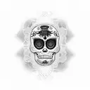 A dotwork tattoo of a Chicago Bulls basketball player holding a Mexican sugar skull, blending the client's passion for basketball and Mexican culture in a unique way. tattoo design idea