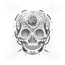 A dotwork tattoo of a Chicago Bulls basketball player holding a Mexican sugar skull, blending the client's passion for basketball and Mexican culture in a unique way. tattoo design idea