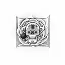 A dotwork tattoo of a Chicago Bulls basketball player holding a Mexican sugar skull, blending the client's passion for basketball and Mexican culture in a unique way. tattoo design idea