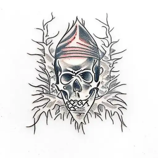 A traditional tattoo showcasing a hauntingly beautiful forest scene with hidden bone and skull motifs tattoo design idea