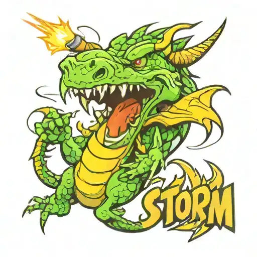 Electric dragon wrapped around a lightning bolt with the word storm  tattoo design idea