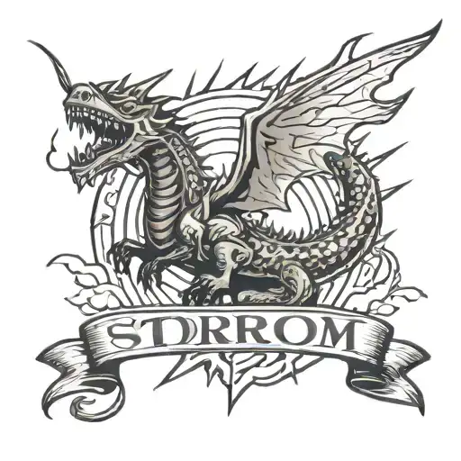 Electric dragon wrapped around a lightning bolt with the word storm  tattoo design idea