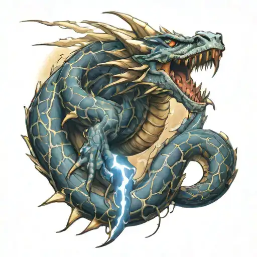 Electric dragon wrapped around a lightning bolt with the word storm  tattoo design idea