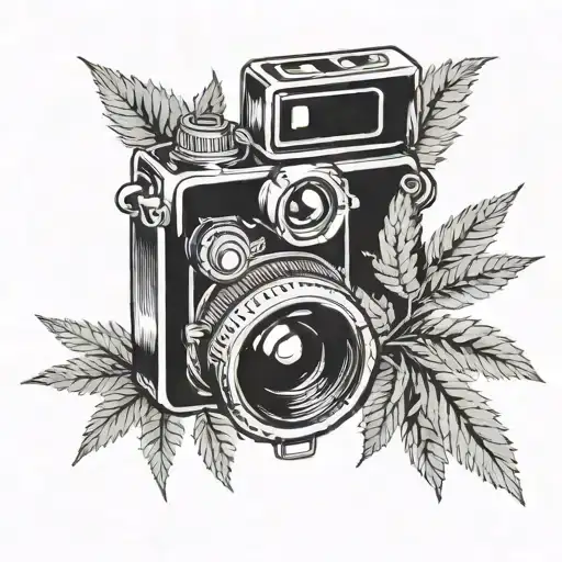 A tattoo design of a vintage camera surrounded by cannabis leaves, representing a love for photography and weed tattoo design idea