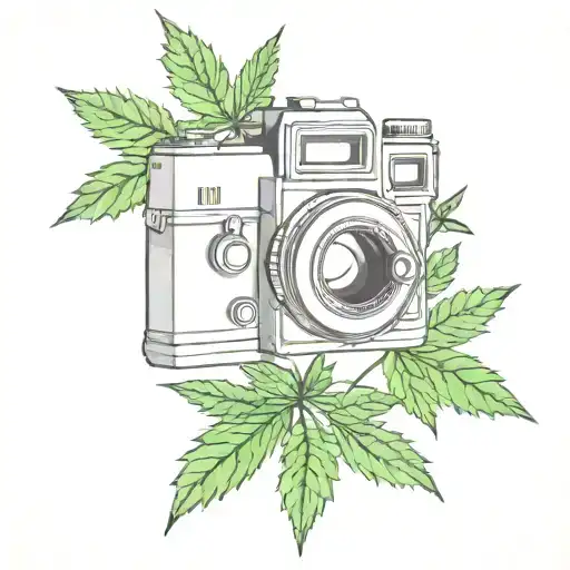 A tattoo design of a vintage camera surrounded by cannabis leaves, representing a love for photography and weed tattoo design idea
