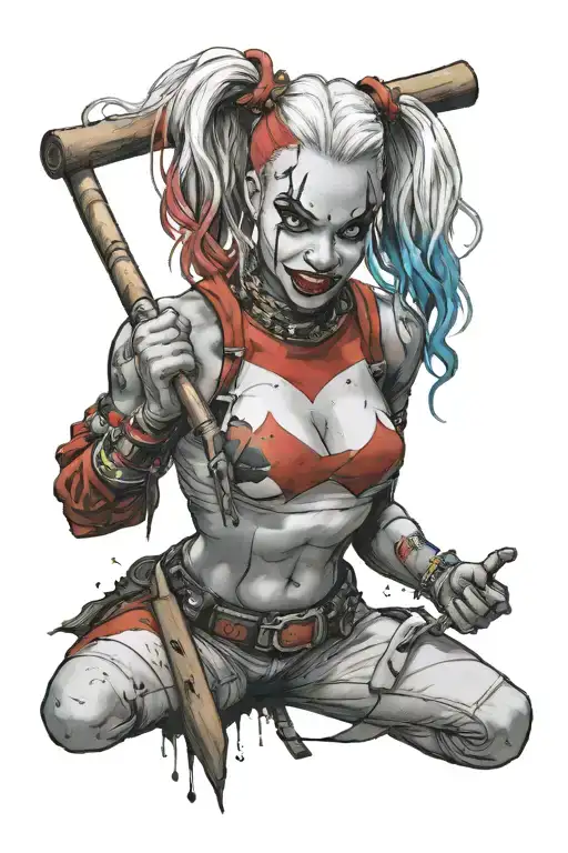 African American harley quinn holding a bat hanging upside tattoo design idea
