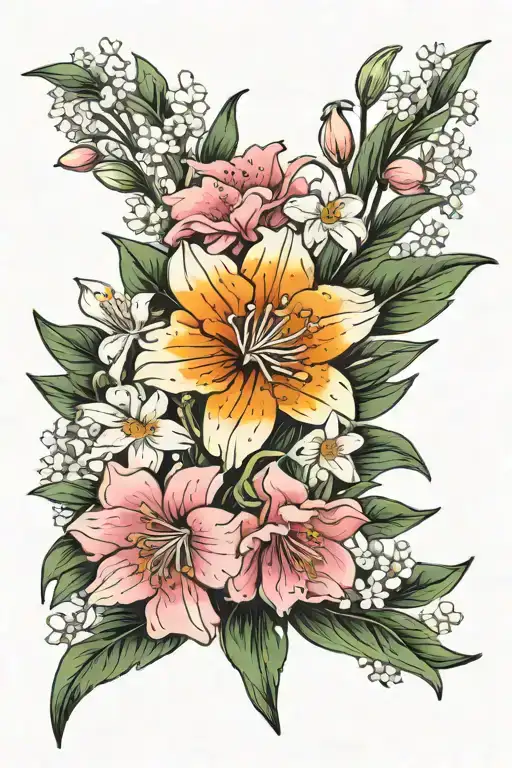 Snowdrop, carnation, orchid, rose, marigold, and cosmos arrangement tattoo design idea