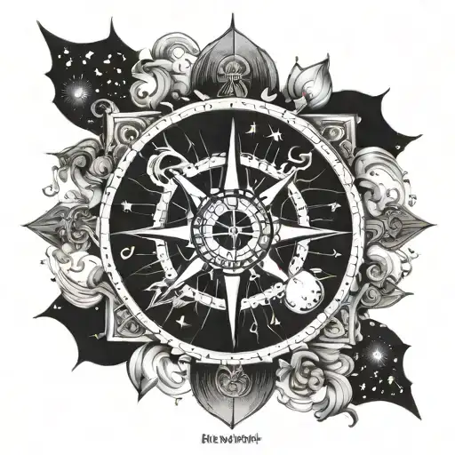 A celestial compass with the moon, stars, and ocean waves as the cardinal directions tattoo design idea