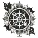 A celestial compass with the moon, stars, and ocean waves as the cardinal directions tattoo design idea