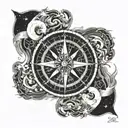 A celestial compass with the moon, stars, and ocean waves as the cardinal directions tattoo design idea