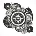 A celestial compass with the moon, stars, and ocean waves as the cardinal directions tattoo design idea