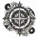 A celestial compass with the moon, stars, and ocean waves as the cardinal directions tattoo design idea