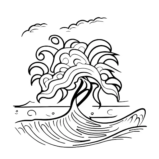 Ocean waves crashing against a palm tree tattoo design idea