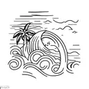 Ocean waves crashing against a palm tree tattoo design idea