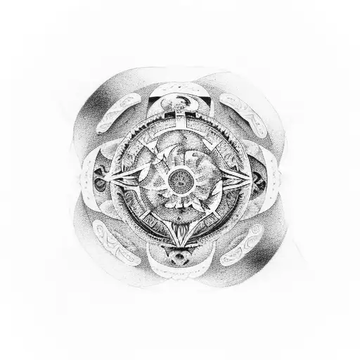 Yin and Yang with vairous icons and references to "The Wheel of Time" by Robert Jordan tattoo design idea