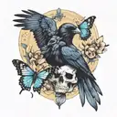 Raven, skull and 2 butterflies fluttering tattoo design idea