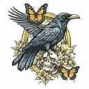 Raven, skull and 2 butterflies fluttering tattoo design idea