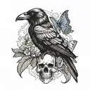 Raven, skull and 2 butterflies fluttering tattoo design idea