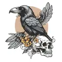 Raven, skull and 2 butterflies fluttering tattoo design idea
