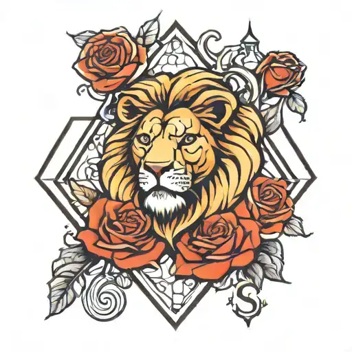 lion clock rose in diamond shaped line outlining tattoo design idea