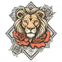 lion clock rose in diamond shaped line outlining tattoo design idea