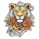 lion clock rose in diamond shaped line outlining tattoo design idea