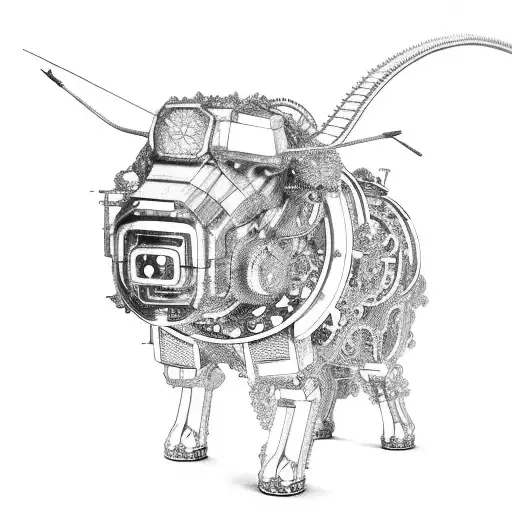 A mechanical sheep made of metal gears and parts, surrounded by aster flowers tattoo design idea