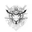 A mechanical sheep made of metal gears and parts, surrounded by aster flowers tattoo design idea