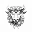 A mechanical sheep made of metal gears and parts, surrounded by aster flowers tattoo design idea