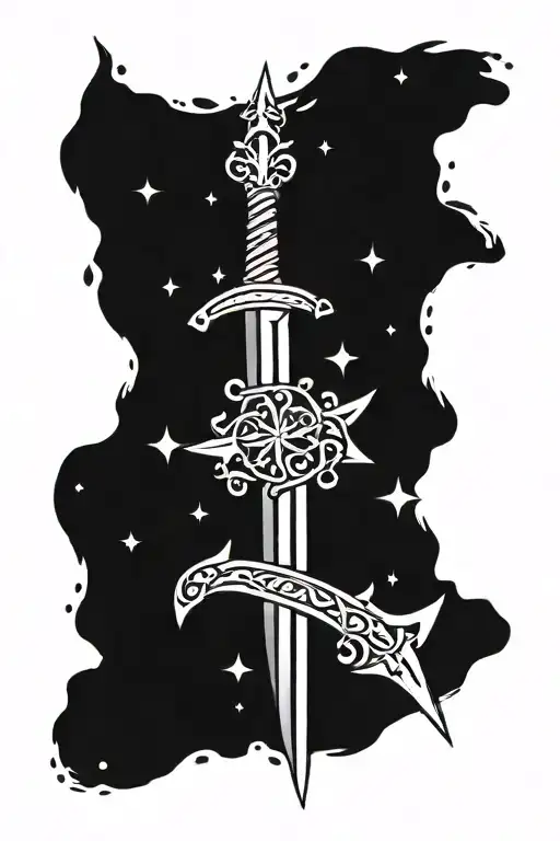 Sword and stars scattered tattoo design idea