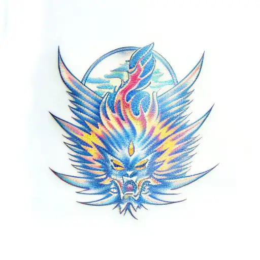 Japanese Phoenix blue fire  tattoo design idea