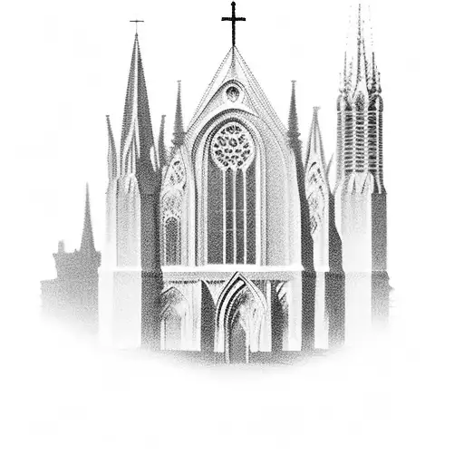 A detailed blackwork tattoo of a gothic cathedral with Christ figures intertwined in the architecture tattoo design idea