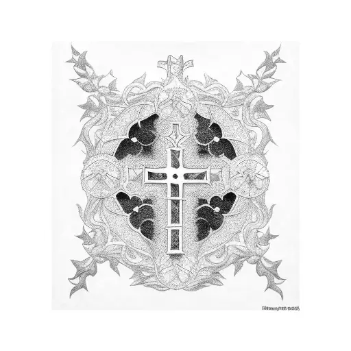 A blackwork tattoo of a church window with intricate stained glass patterns depicting scenes from the Bible tattoo design idea