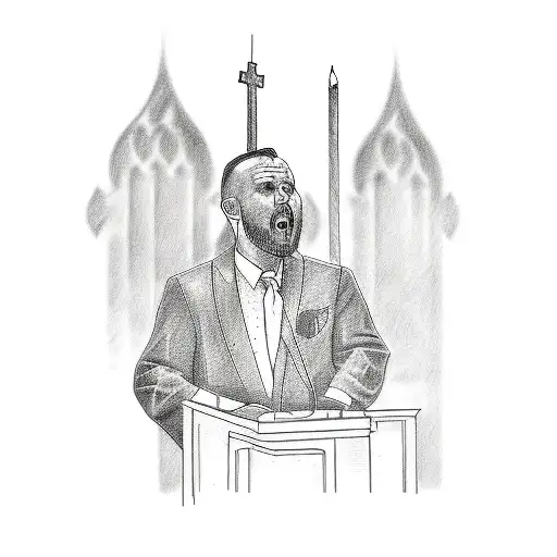 A sketch style tattoo of a preacher delivering a powerful sermon in front of a congregation tattoo design idea