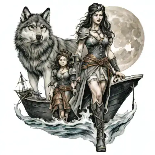warrior princess standing on a ship with a young female mage and infant son with a black and white wolf tattoo design idea