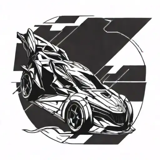 Create a tattoo design of a sleek, futuristic car drifting around a sharp corner tattoo design idea