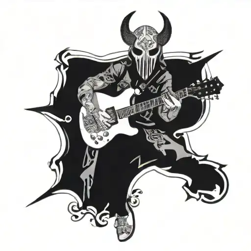 A demonic guitar player with a bandit mask on, surrounded by musical notes and symbols tattoo design idea