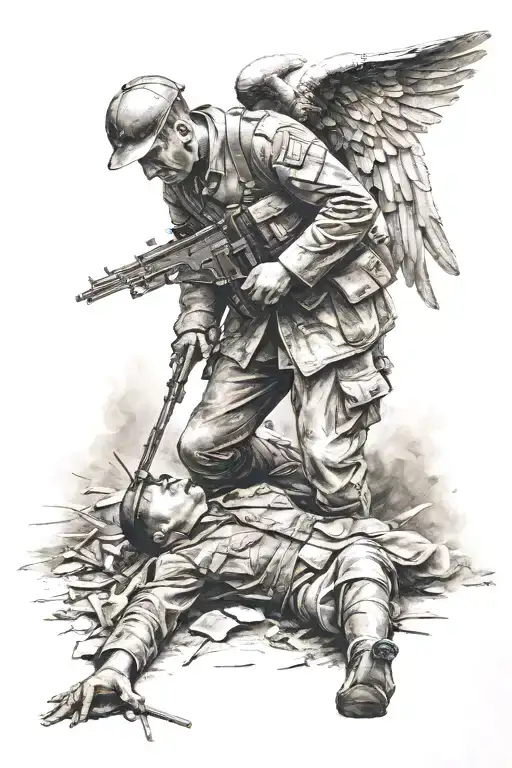 German soldier dying on the battlefield, and a beautiful angel grasping his face as he is dying. World War 1 battle tattoo design idea