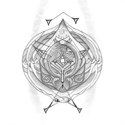 A geometric design incorporating fishing hooks and symbols of positivity tattoo design idea