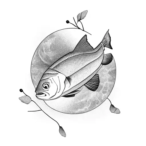 A serene landscape of a peaceful lake with a bass fish swimming beneath the surface tattoo design idea